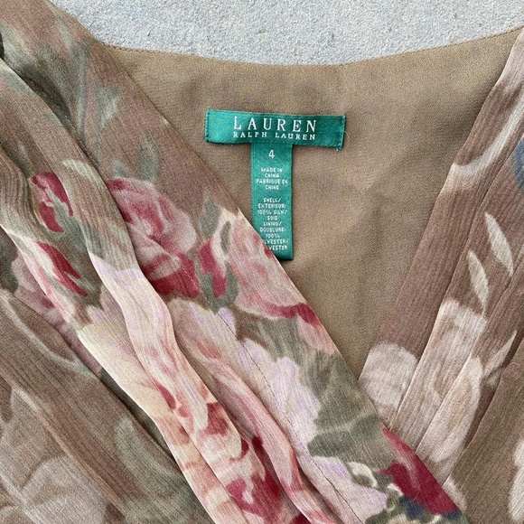 Vintage 1990's Ralph Lauren Brown Silk Floral Crepe Wrap Dress - Picture 5 of 5